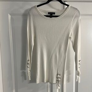 INC International Concepts Cream Ribbed Tie Front Sweater